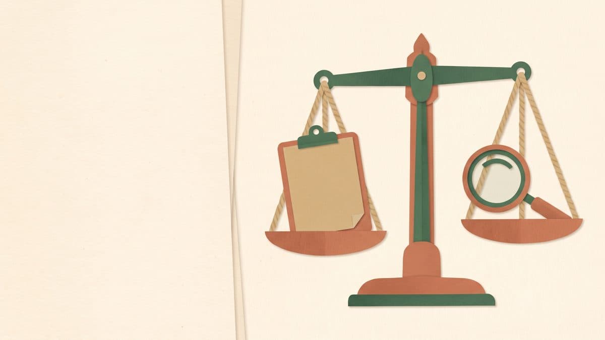 Paper-cut illustration of a balance scale holding a clipboard on one pan and a magnifying glass on the other